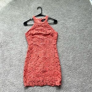 Lulus coral floral wedding guest dress
